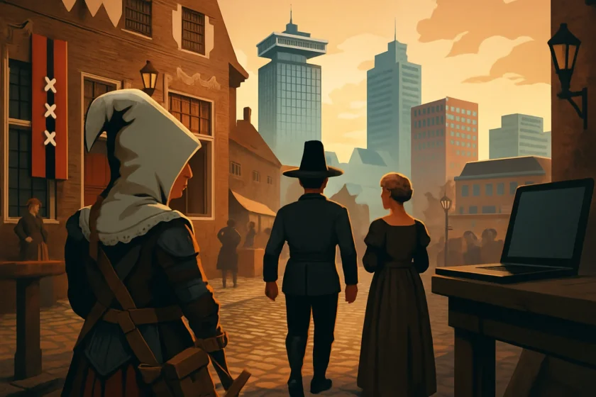 אילוסטרציה · A screenshot from 1666: Amsterdam, showing a view down a street.
