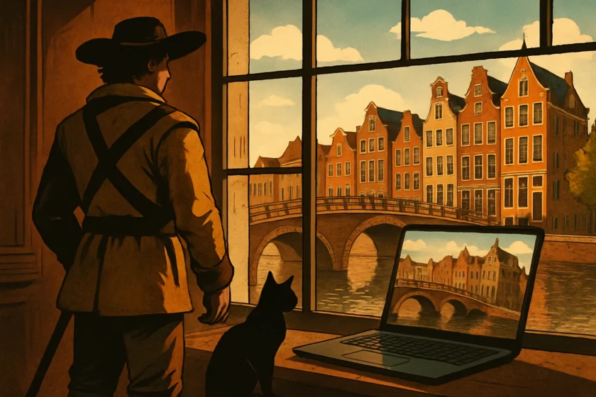אילוסטרציה · A screenshot from 1666: Amsterdam showing the cat behind an enemy