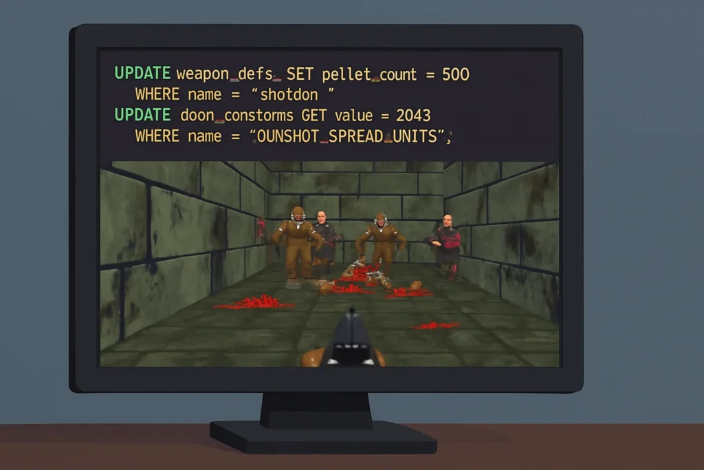 אילוסטרציה של מסך מחשב עם קוד SQL וממשק משחק Doom רטרו — אילוסטרציה בנושא SQLDoom