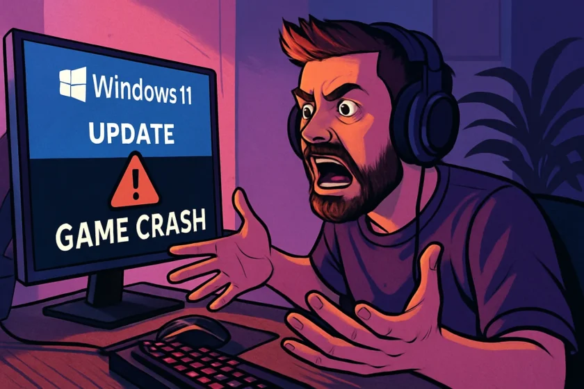אילוסטרציה · Upset young gamer is visibly unhappy with Windows 11 bug that is causing games to crash