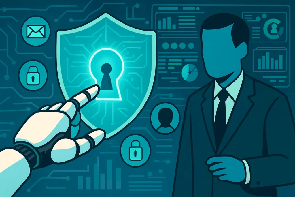 אילוסטרציה · A robot hand touching a locked digital shield blocking a human from accessing data